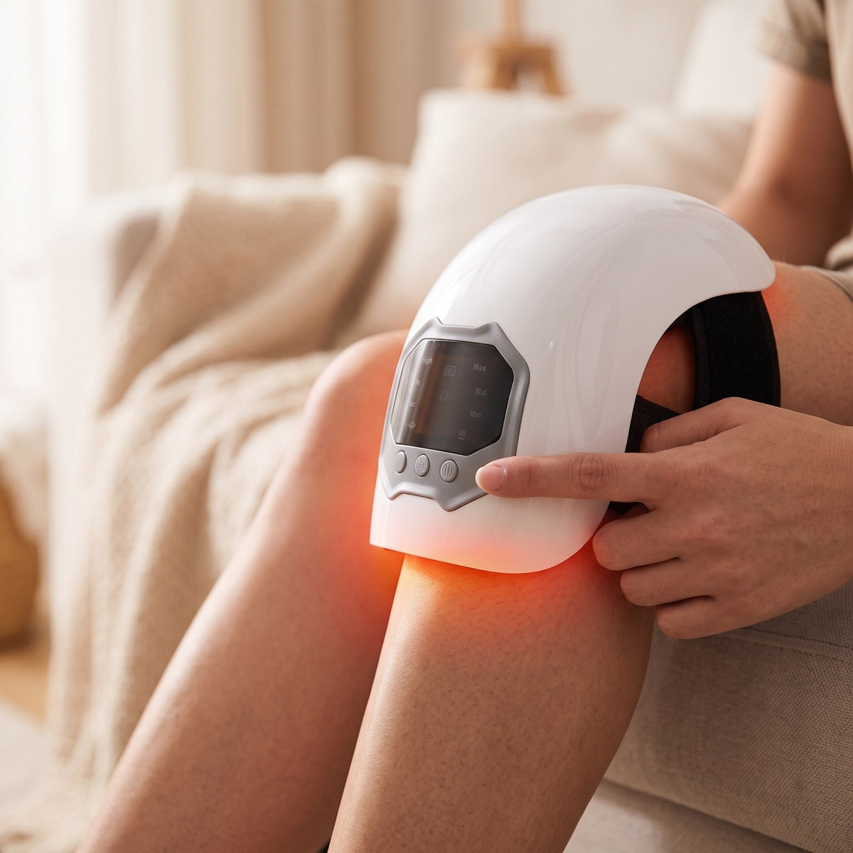 RodiTherm puesto en la rodilla con la luz roja encendida