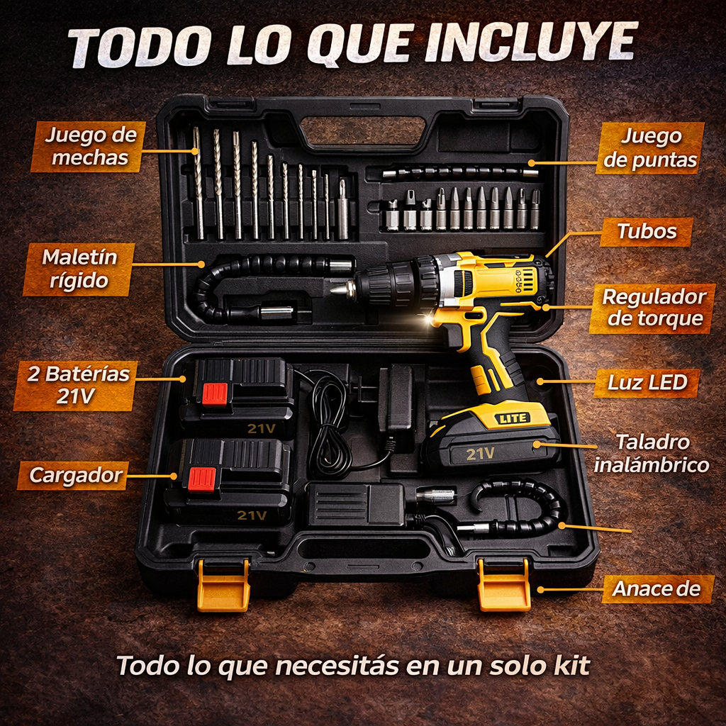 Taladro Inalambrico Industrial -- 2 baterías + maletín + accesorios