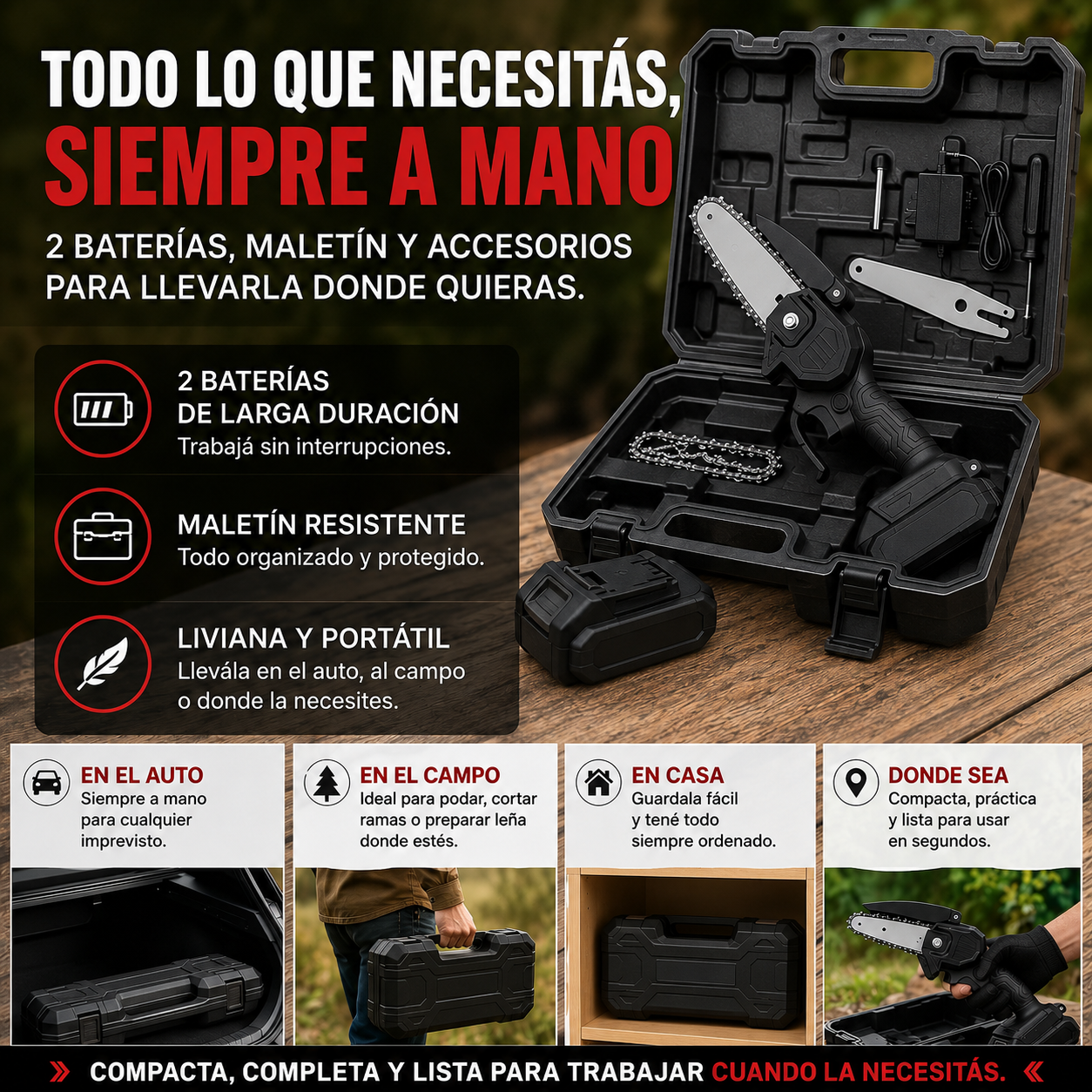 Motosierra Portatil Industrial -- 2 Baterias + Maletin + Accesorios