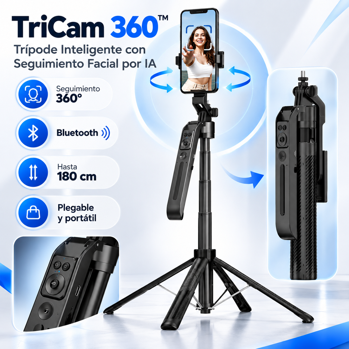 TriCam 360™ — Trípode Inteligente con Seguimiento Facial por IA
