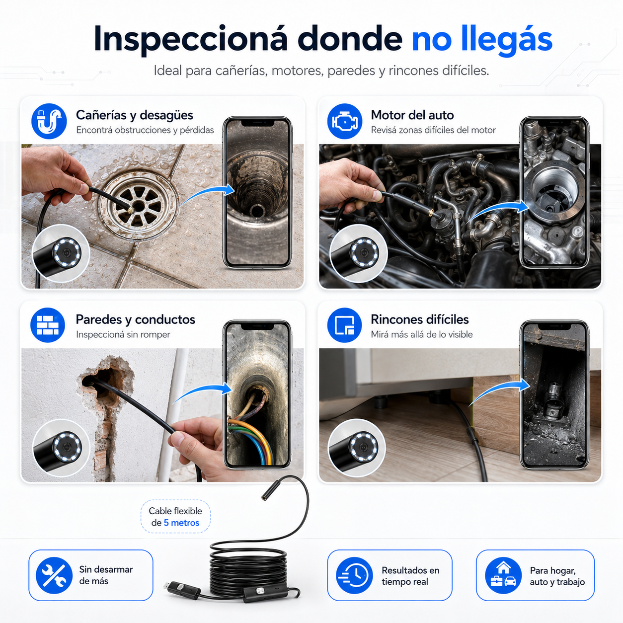 InspectCam Pro™ – Cámara Endoscópica Flexible 5M