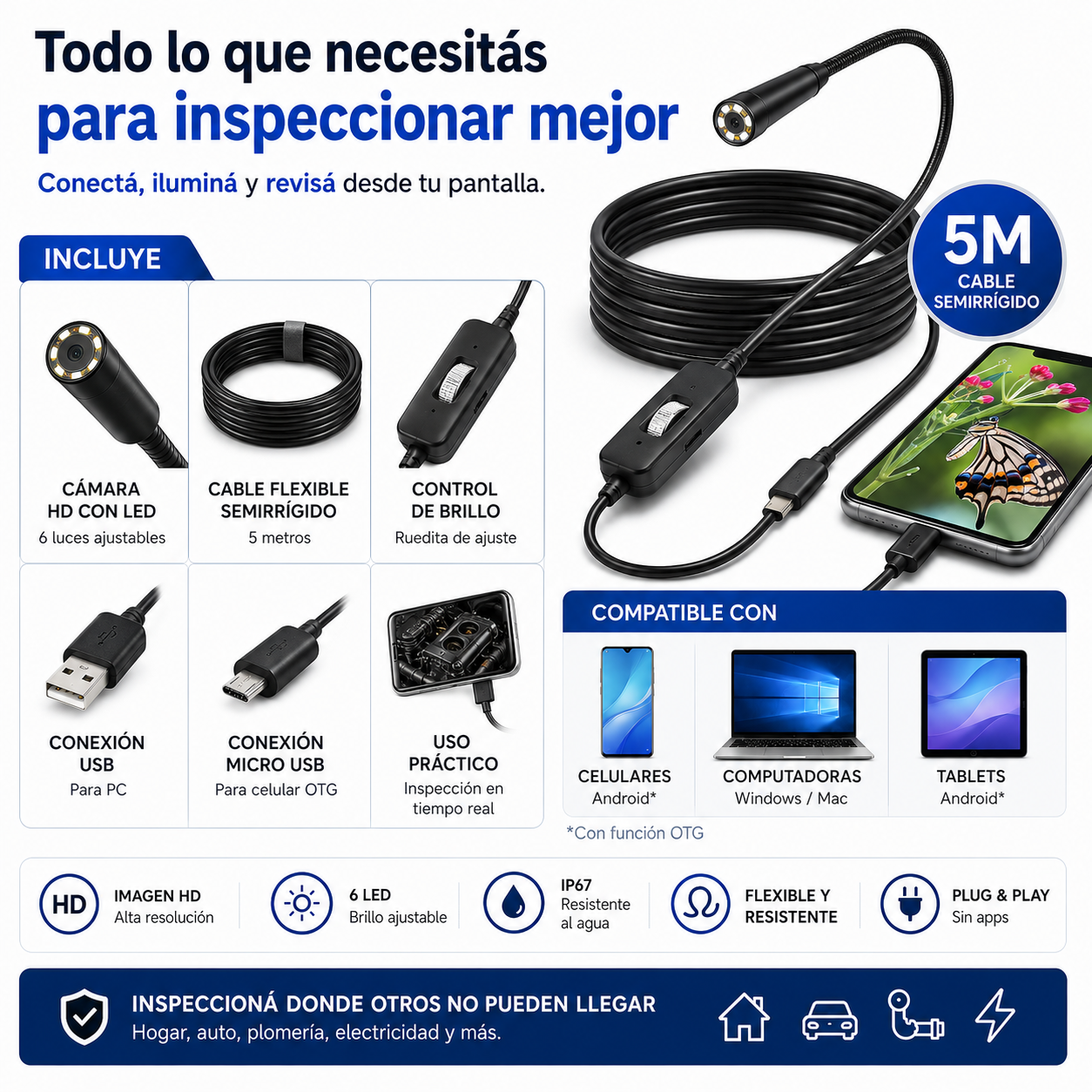 InspectCam Pro™ – Cámara Endoscópica Flexible 5M
