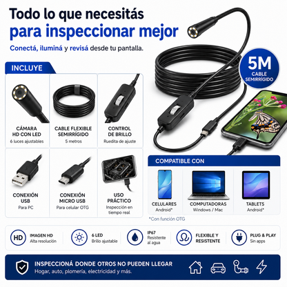 InspectCam Pro™ – Cámara Endoscópica Flexible 5M