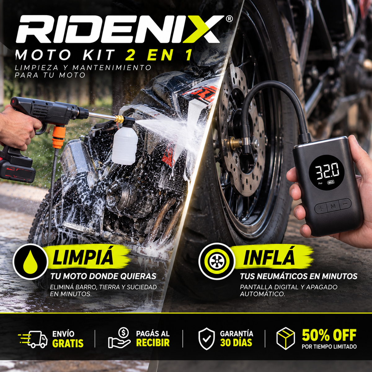 RIDENIX® Moto Kit 2 en 1 – Limpieza y Mantenimiento para tu Moto 🏍️