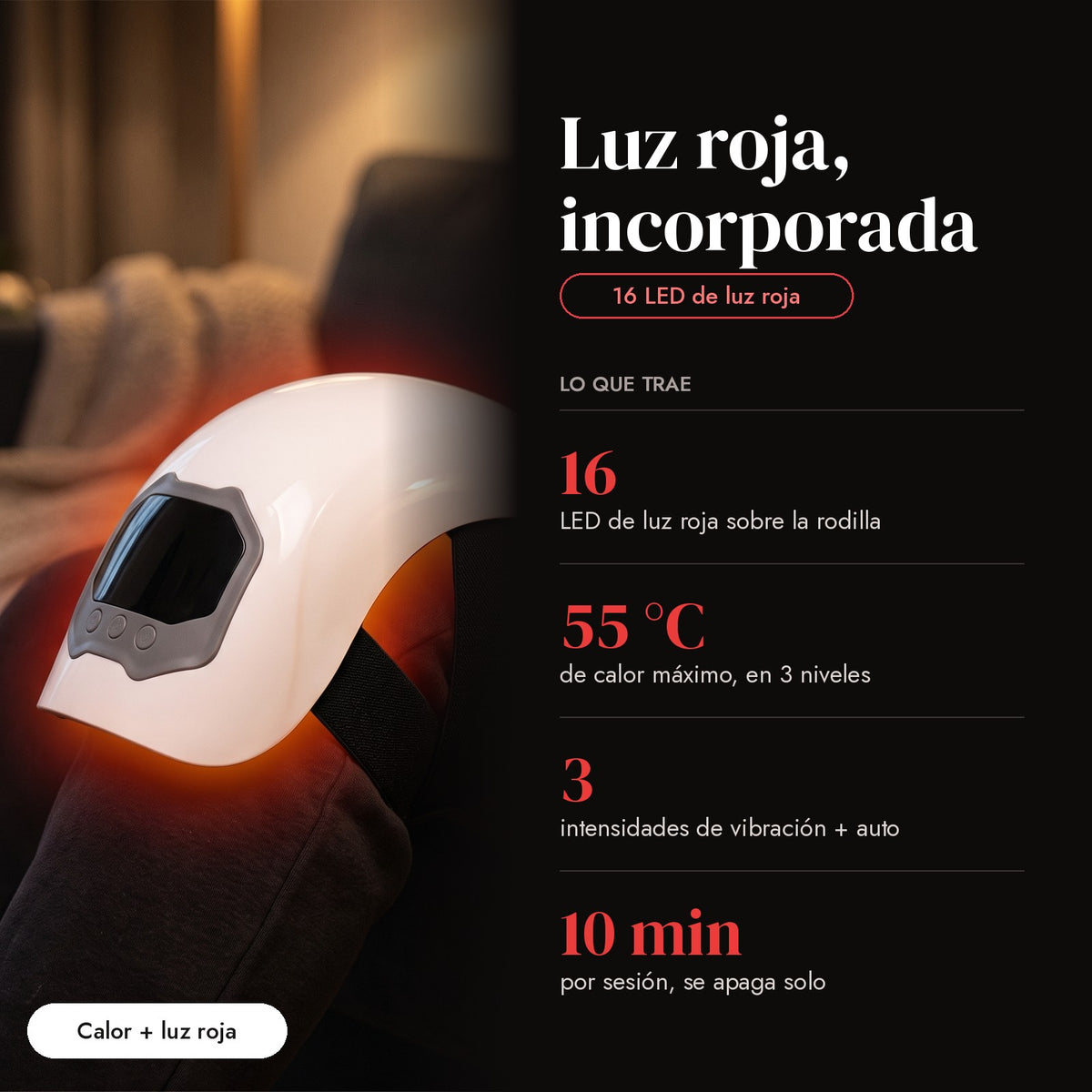 Luz roja incorporada: 16 LED, hasta 55 °C, 3 intensidades de vibración, 10 minutos