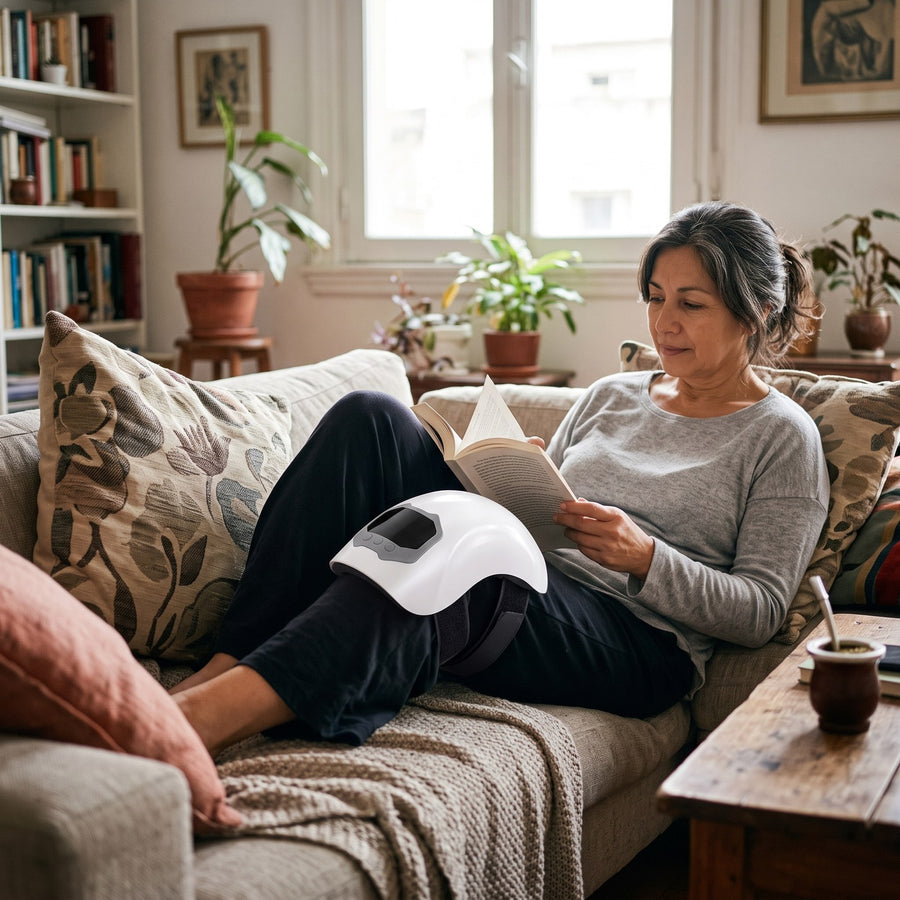 Mujer leyendo en el sillón con RodiTherm en la rodilla