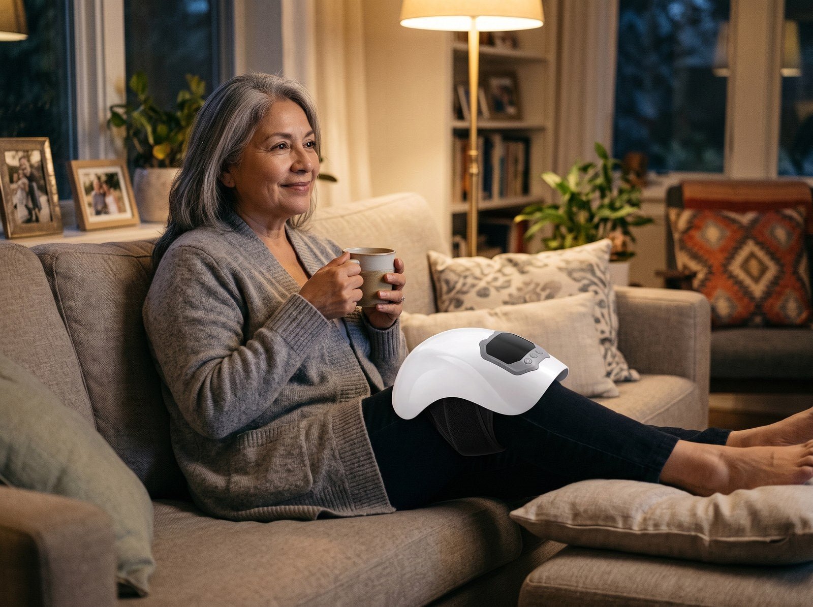 Mujer tomando un té en el sillón con RodiTherm en la rodilla